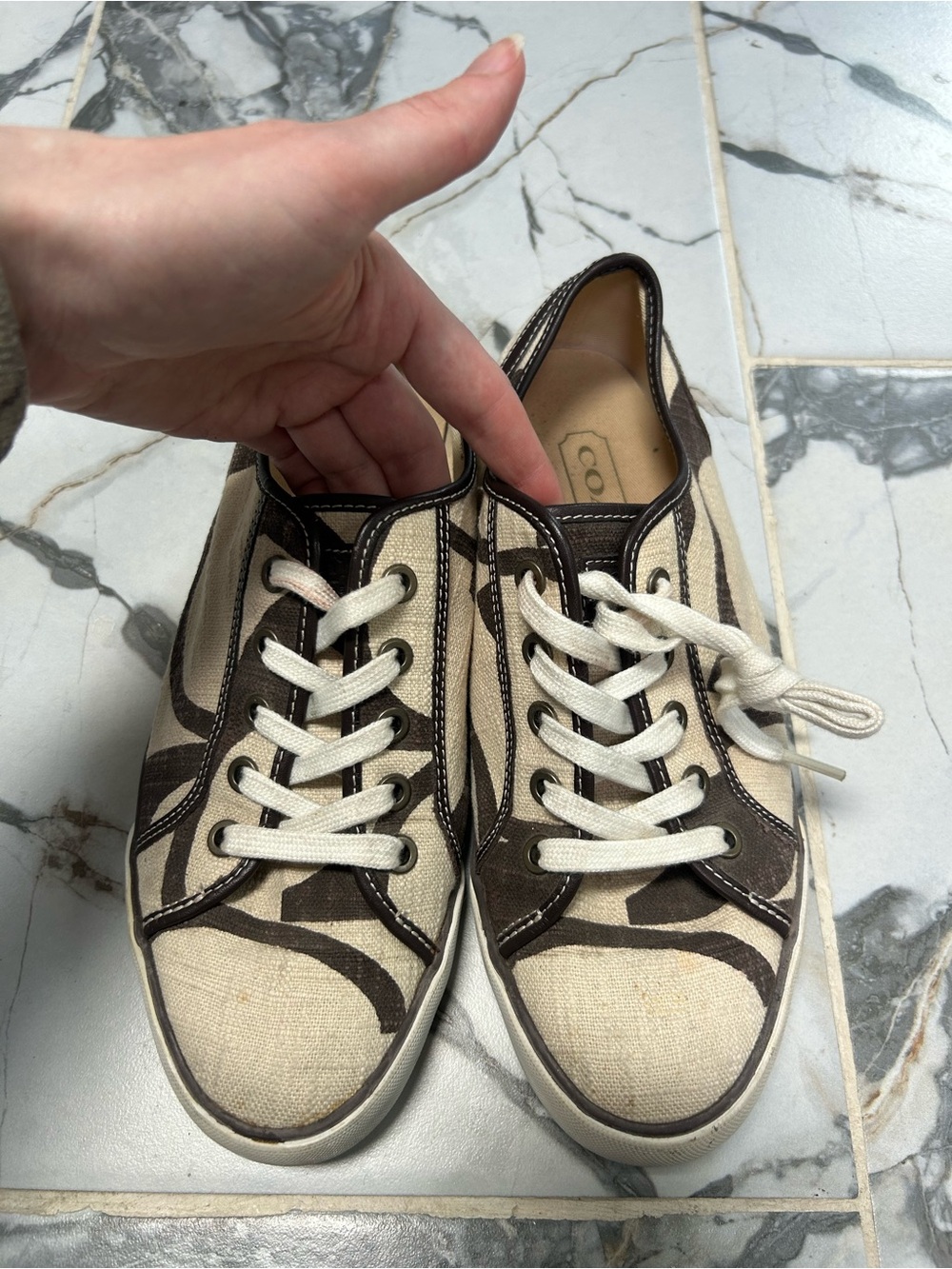 Coach size 8 1/2 Canvas Lace-Up Sneakers in Brown and Cream